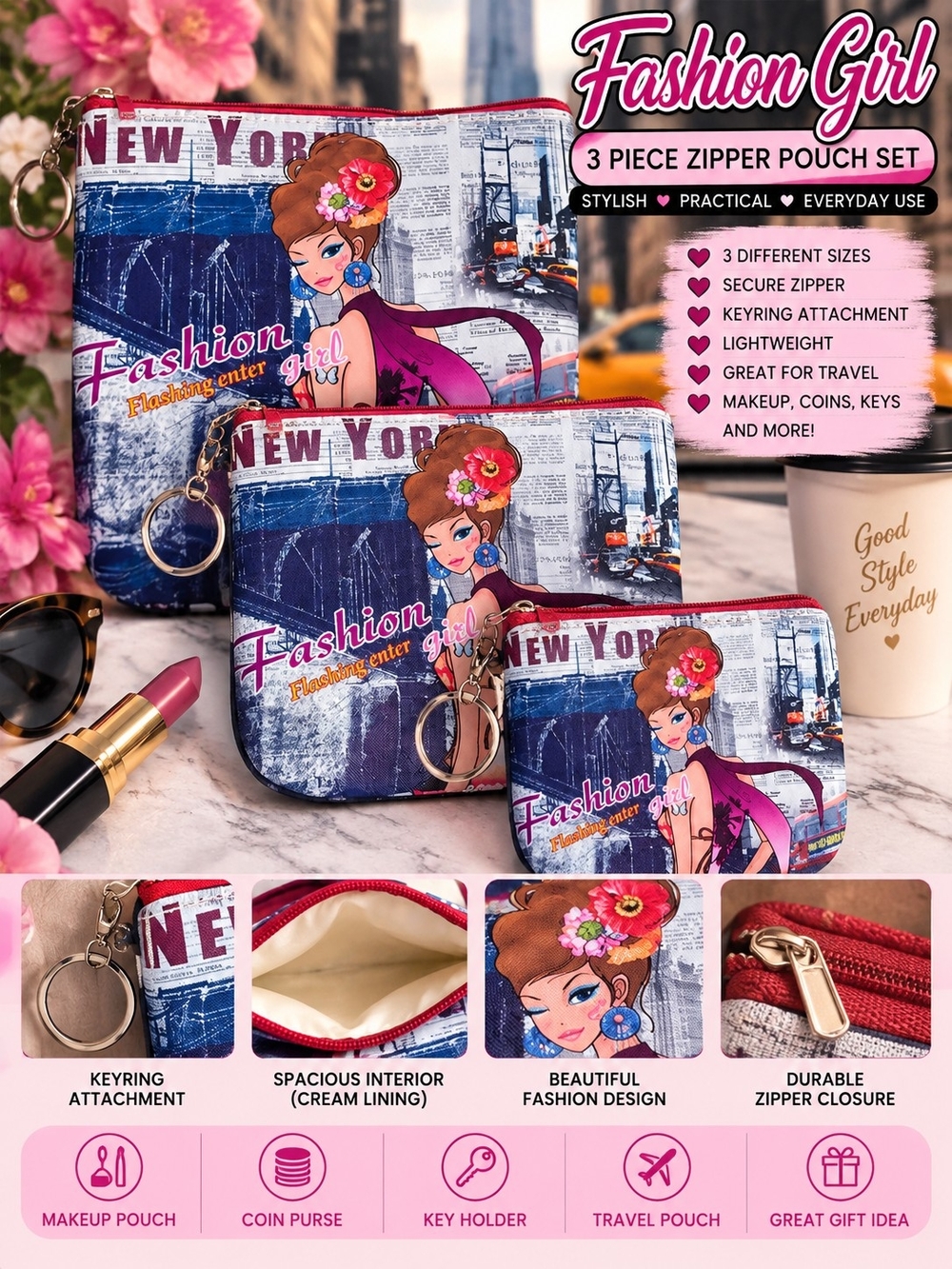 3-Piece Fashion Girl New York Zipper Pouch Set